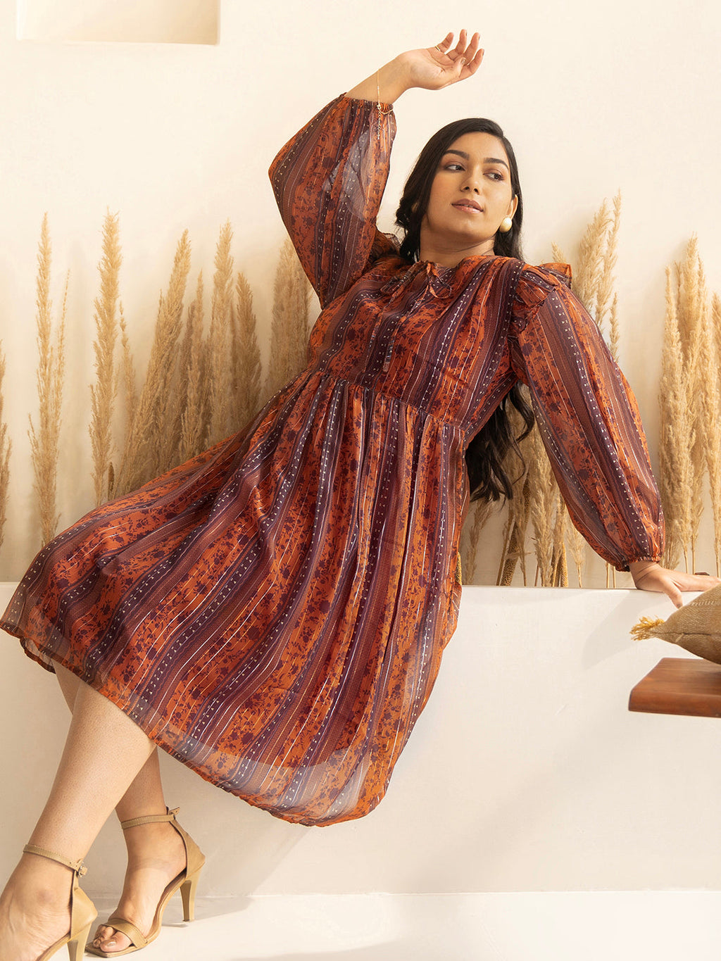Janasya Rust Chiffon Lurex Floral Printed Casual Dress | Grocsy