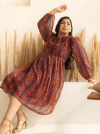 Janasya Rust Chiffon Lurex Floral Printed Casual Dress | Grocsy