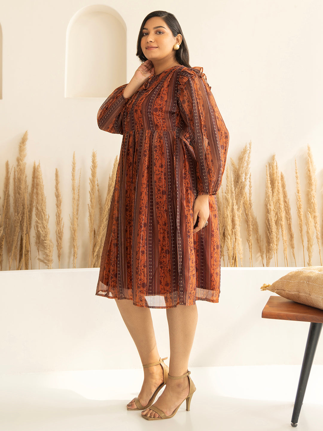 Janasya Rust Chiffon Lurex Floral Printed Casual Dress | Grocsy