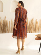 Janasya Rust Chiffon Lurex Floral Printed Casual Dress | Grocsy
