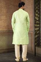 Raivat Ethnic Jacquard Art Silk Mirror and Thread Work Kurta Pajama In Pista Green Colour | Grocsy