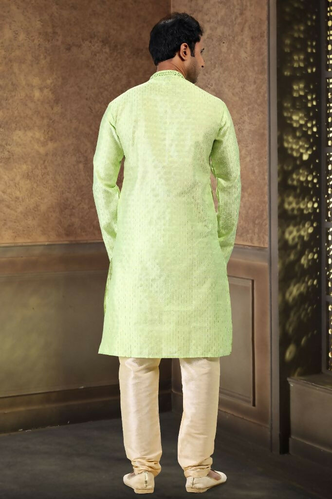 Raivat Ethnic Jacquard Art Silk Mirror and Thread Work Kurta Pajama In Pista Green Colour | Grocsy