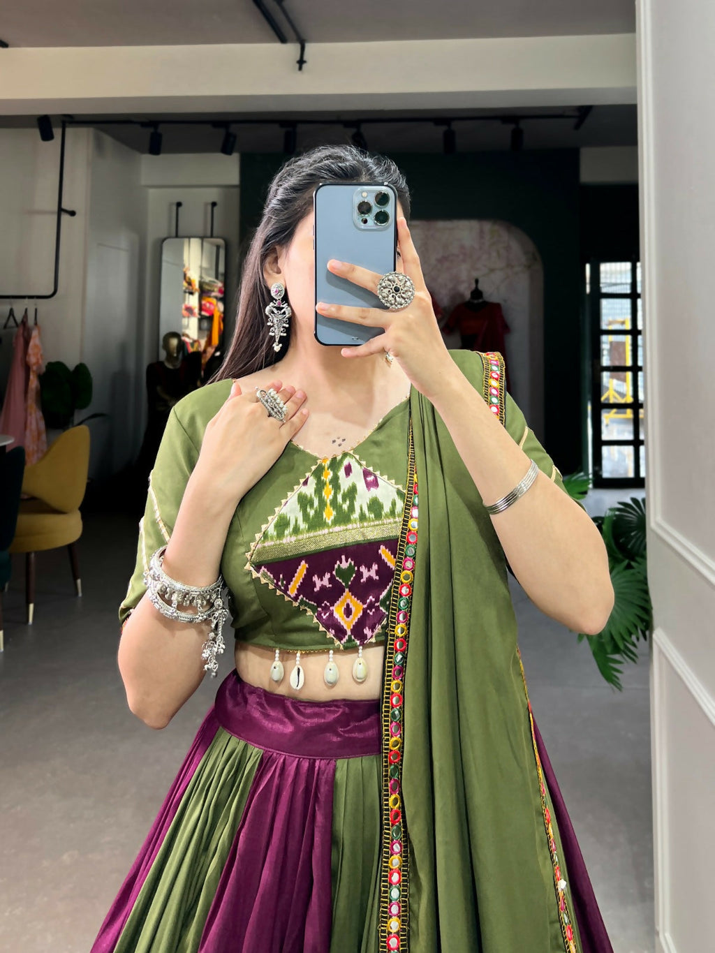 Vastranavya Navaratri Special Rayon with Printed Patch With Gota Patti And Paper Mirror Work And Cowrie (Kodi) Lace Touch Up Lehenga with Stitched Blouse - Wine | Grocsy