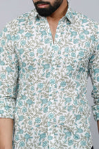 Miravan Men's Spread Collar White & Green Floral Print Slim Fit Shirt | Grocsy