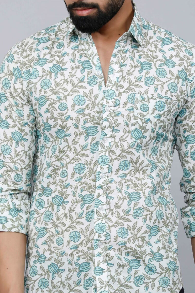Miravan Men's Spread Collar White & Green Floral Print Slim Fit Shirt | Grocsy