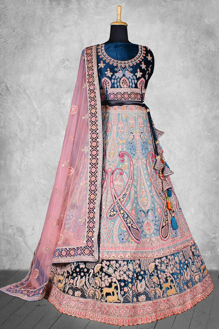 Blue & Pink Velvet Thread with Hand Work Semi Stitched Lehenga Choli with Dupatta - Nimaya Lagnotsav | Grocsy