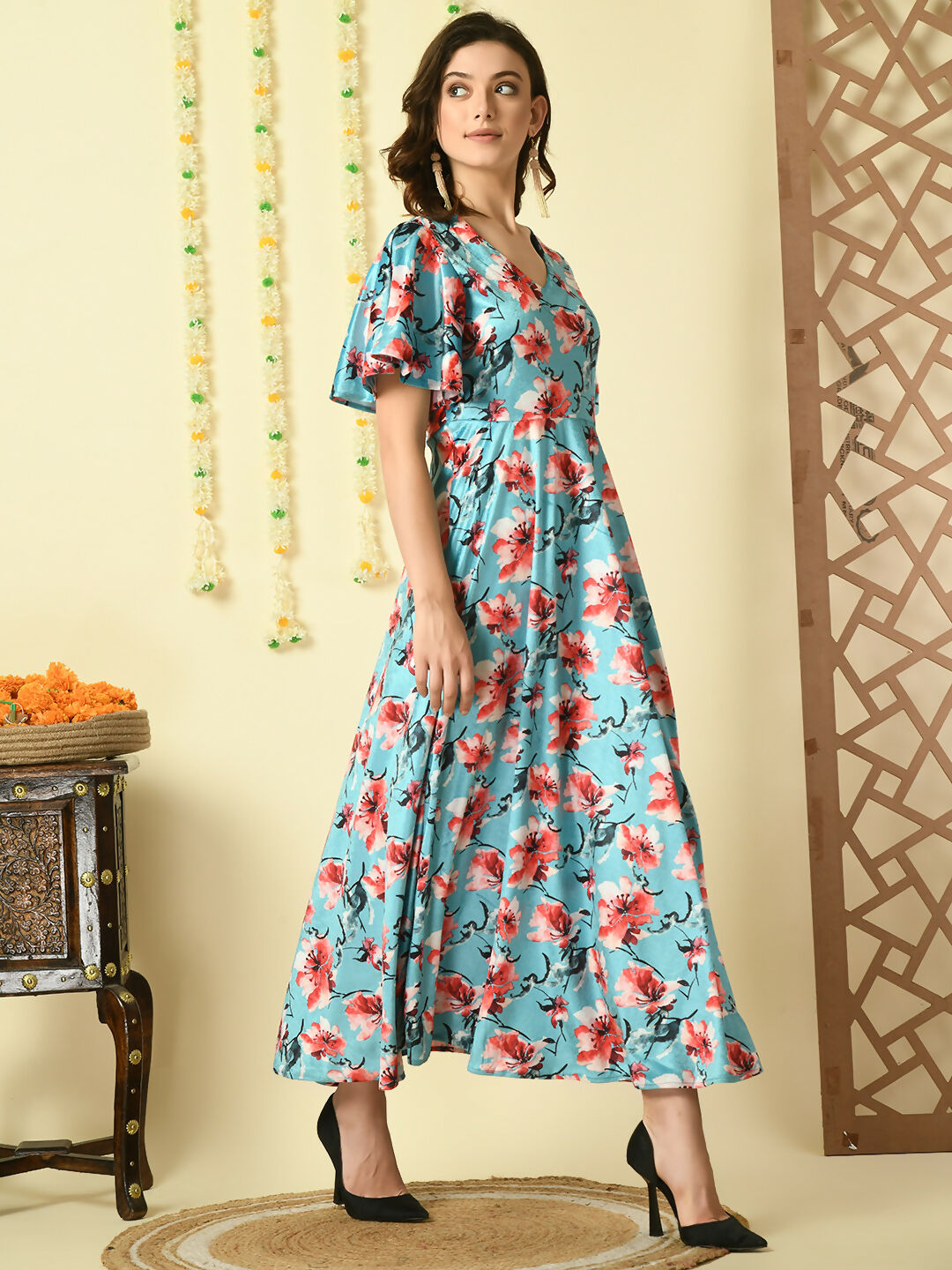 Myshka Women's Multi Printed Velvet Party Dress | Grocsy