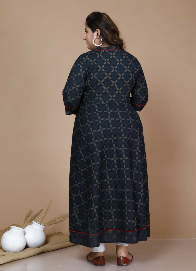 Miravan Women's Plus Size Navy Blue Printed Angrakha Kurta | Grocsy