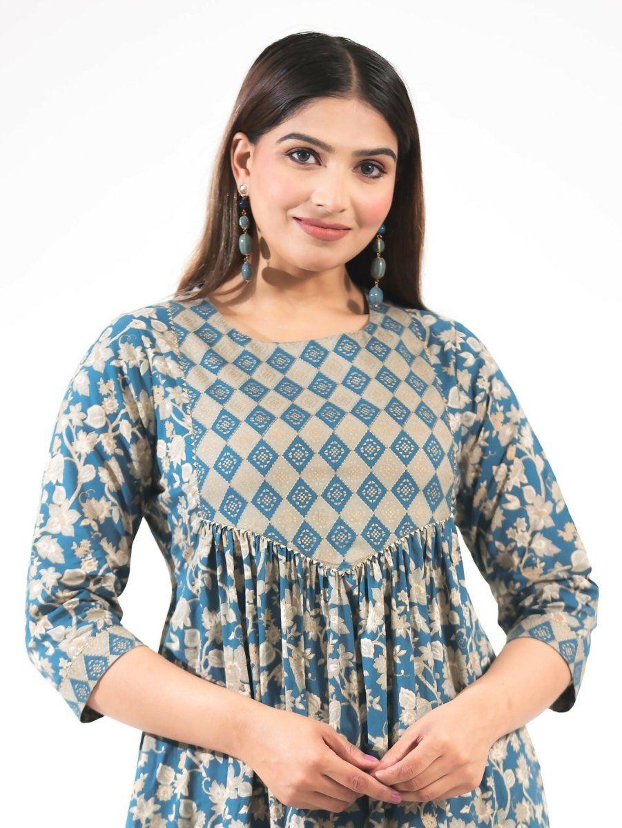 Aramya Blue Soft Cotton Gold foil Print A-line Kurta Set for Women | Grocsy