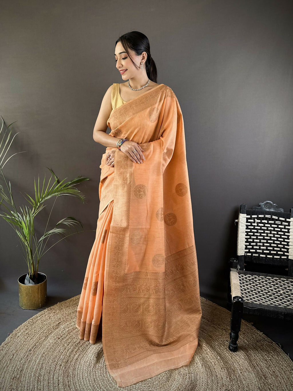 Joban Fashion Orange Floral & Paisley Linen Silk Banarasi Saree | Grocsy