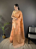 Joban Fashion Orange Floral & Paisley Linen Silk Banarasi Saree | Grocsy