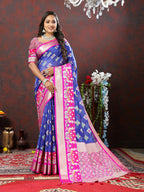 Lorenvalley Fashion Blue Organza Silk Woven Design with Meenakari Weaving Saree | Grocsy