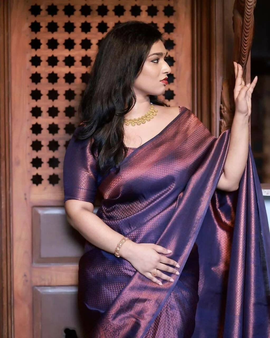 DEIANA'S Beautiful Designer Golden zari Soft Lichi Silk Saree - Purple | Grocsy