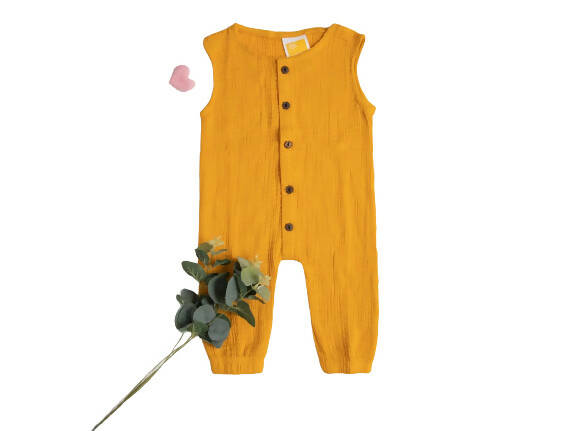 Sunshine Baby Cute Organic Muslin Cotton Sleeveless Full Length Rompers For Babies - Yellow | Grocsy