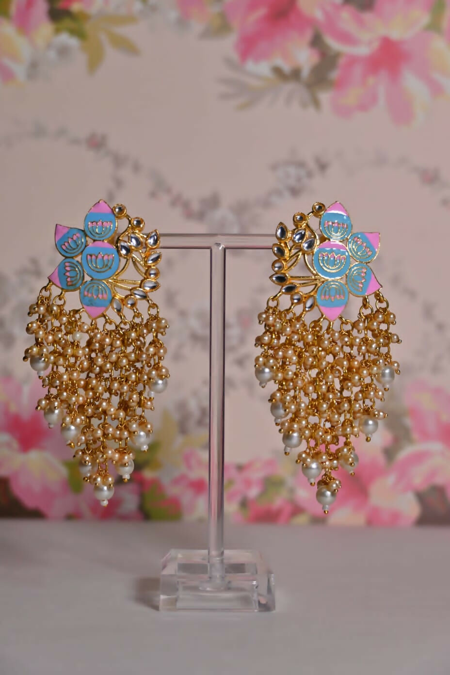 Sky Blue And Pink Ethnic Enamel Meenakari Lotus Earrings By House of Ree - Swadesiicart