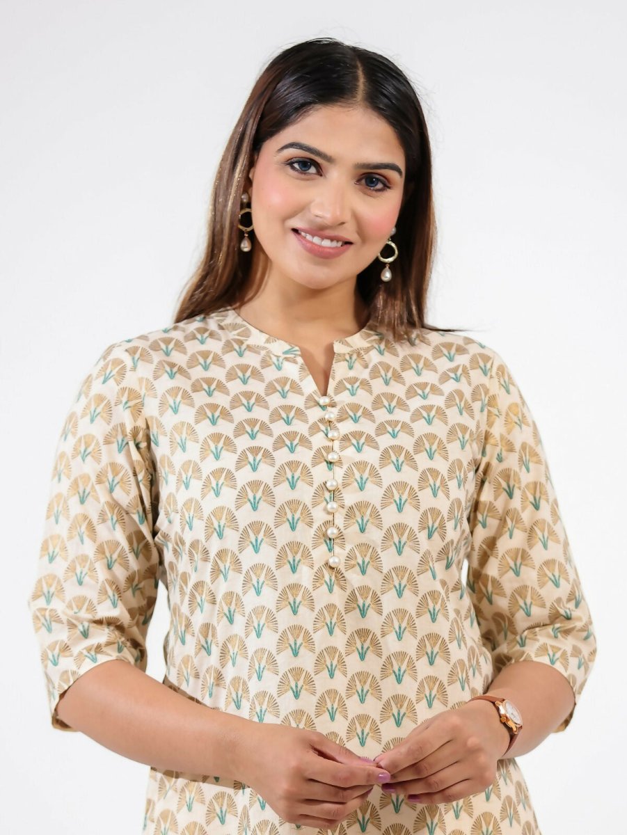 Aramya Straight Soft Cotton Floral Print Women's Kurta Set - Off White | Grocsy