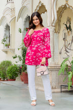 Jaitra Apparels Pink Pure Cotton Printed Short Kurti With Back Lace Tie-ups | Grocsy