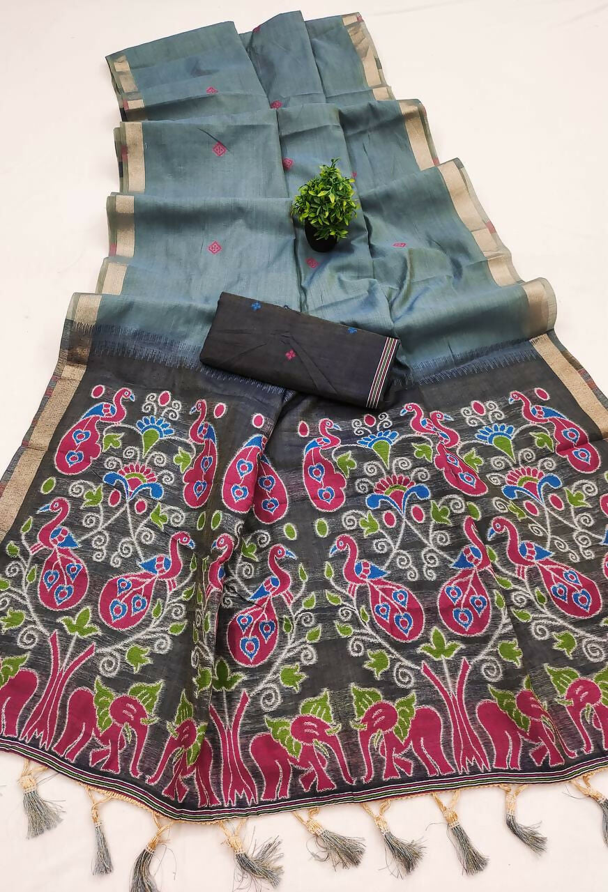 Vastranavya Grey Muga Cotton Meenakari & Azarakh Pallu Saree with Contrast Blouse | Grocsy