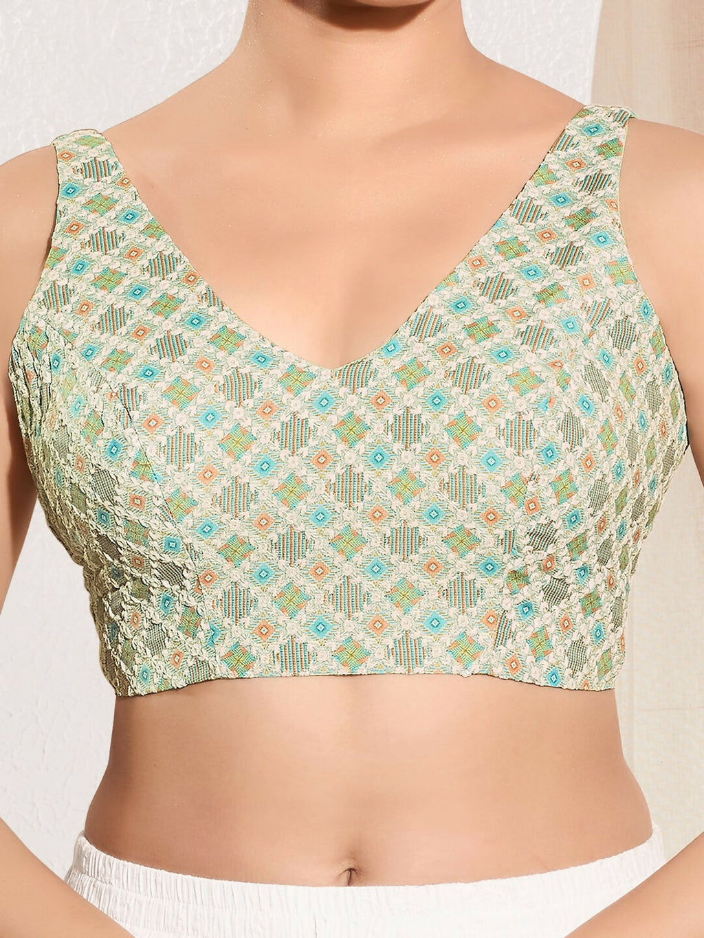 Joban Fashion Pista Green Jacquard Padded Blouse With V Neck Sleeveless | Grocsy