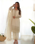 Lehenga Mart Designer Salwar Suit With Kurta, Pant, Dupatta For Women-White | Grocsy