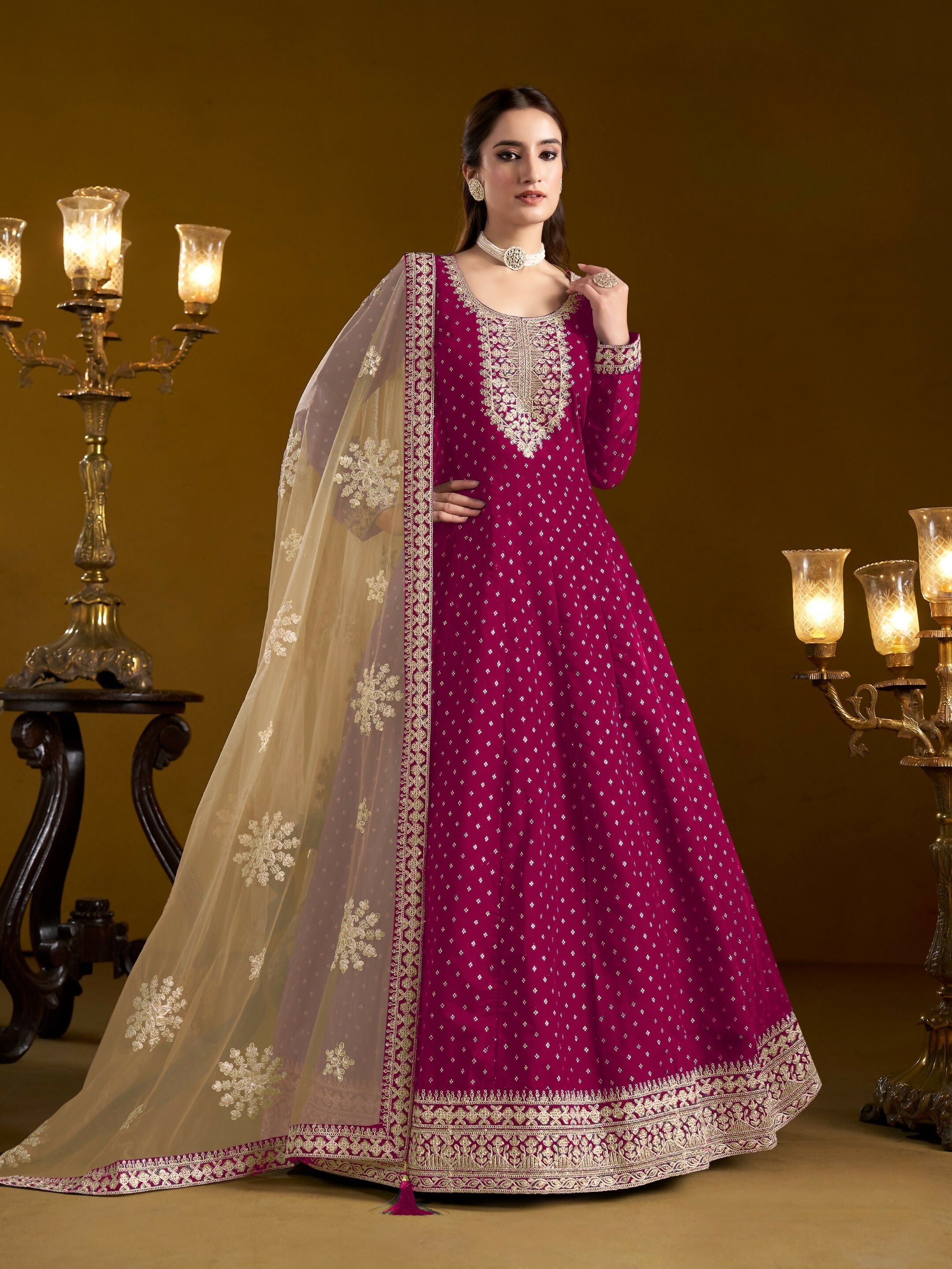 Anaita Rani Pink Embroidered Jacquard Chanderi Anarkali Suit | Grocsy