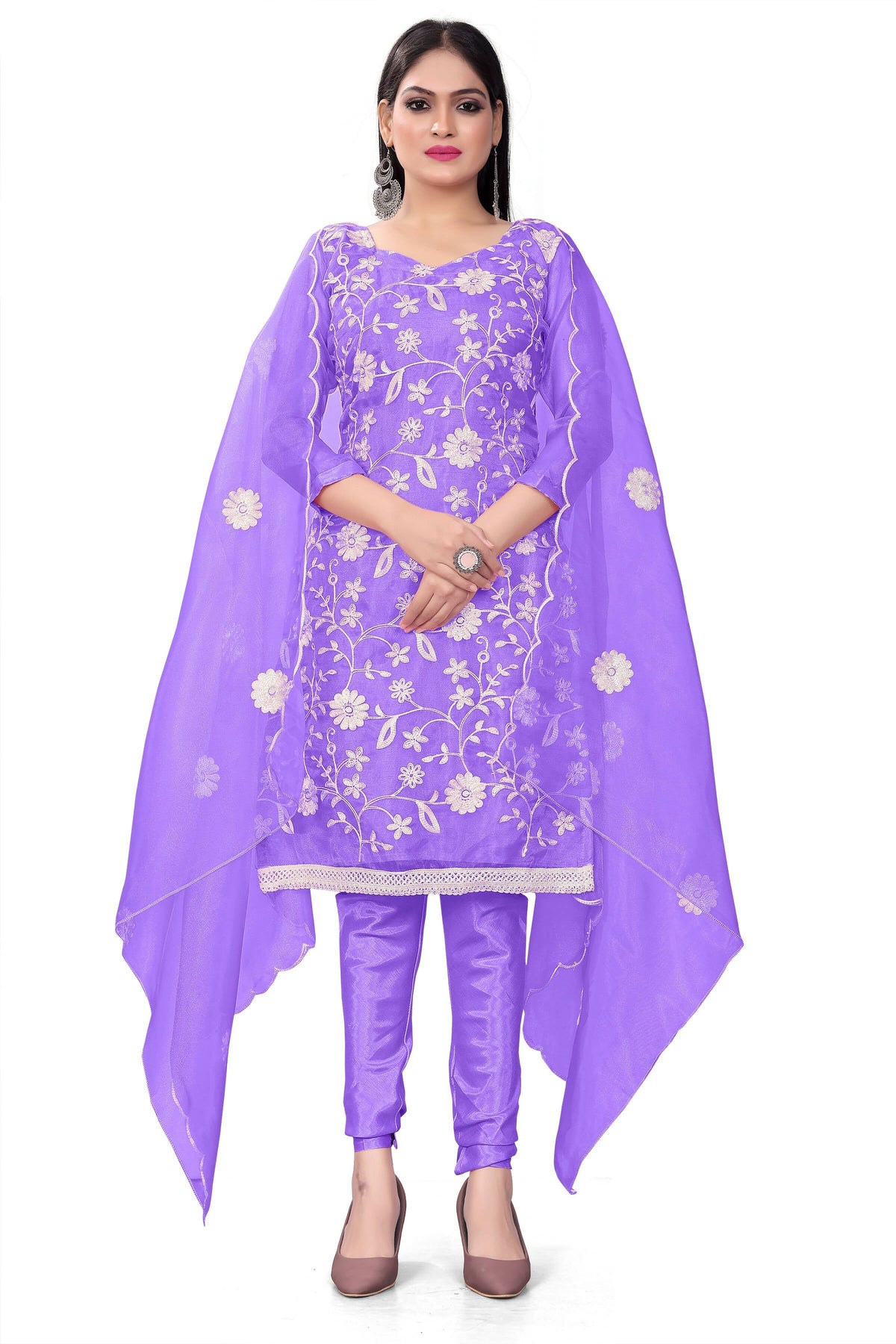 Lavender Organza Silk Embroidered Work Unstitched Dress Material - Tanvi | Grocsy