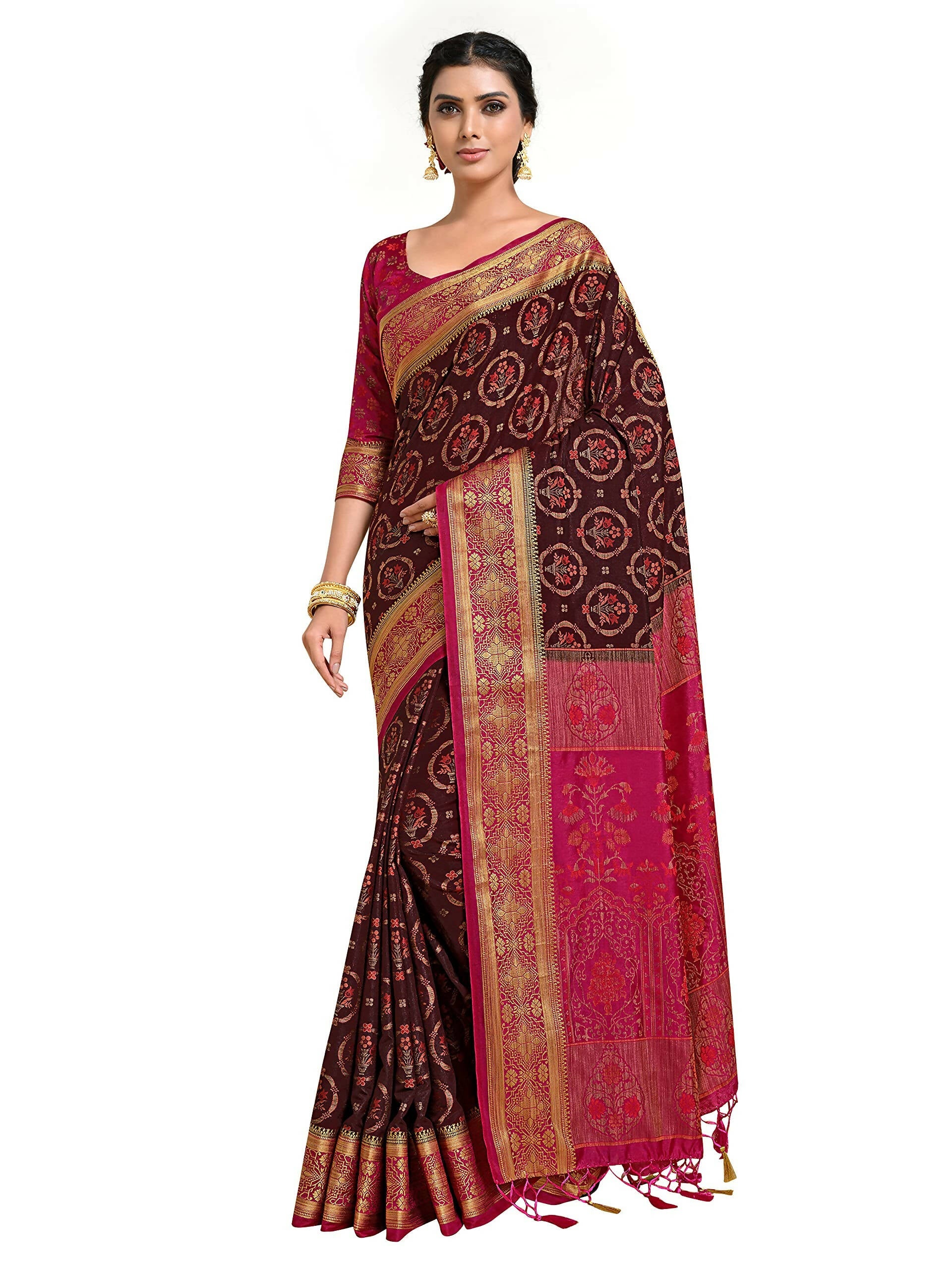 Mimosa Women's Kanjivaram Art Silk Burgundy Saree | Grocsy