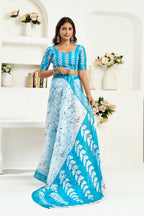 Joban Fashion White Leaf Linen Ready To Wear Saree With Unstitched Blouse | Grocsy