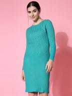 Women Green Acrylic Self Design Winter Dress - Wool Trees | Grocsy