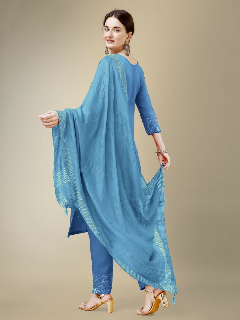 Jyoti Fashion Women's Sky Blue Cotton Blend Embroidery & Fancy Lace work Kurta with Trouser & Dupatta | Grocsy
