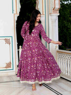 Miravan Women's Cotton Gotapatti And Lace Border Details Floral Printed Purple Anarkali Kurta | Grocsy
