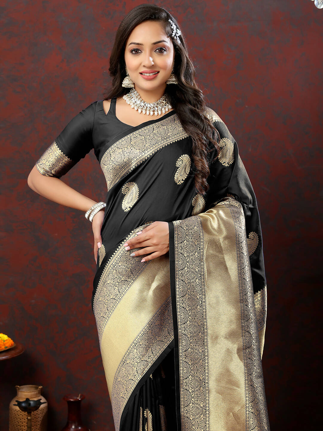 Lorenvalley Fashion Black Soft Silk Woven Design Gold Zari Weaving Saree | Grocsy