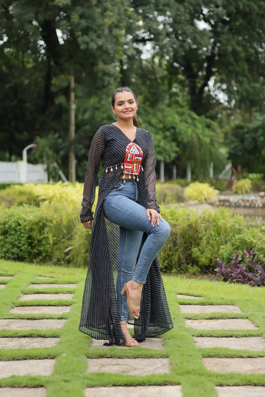 Vastranavya Black Navratri Special Kutchi Patch Work with Leheriya Printed Kurti | Grocsy