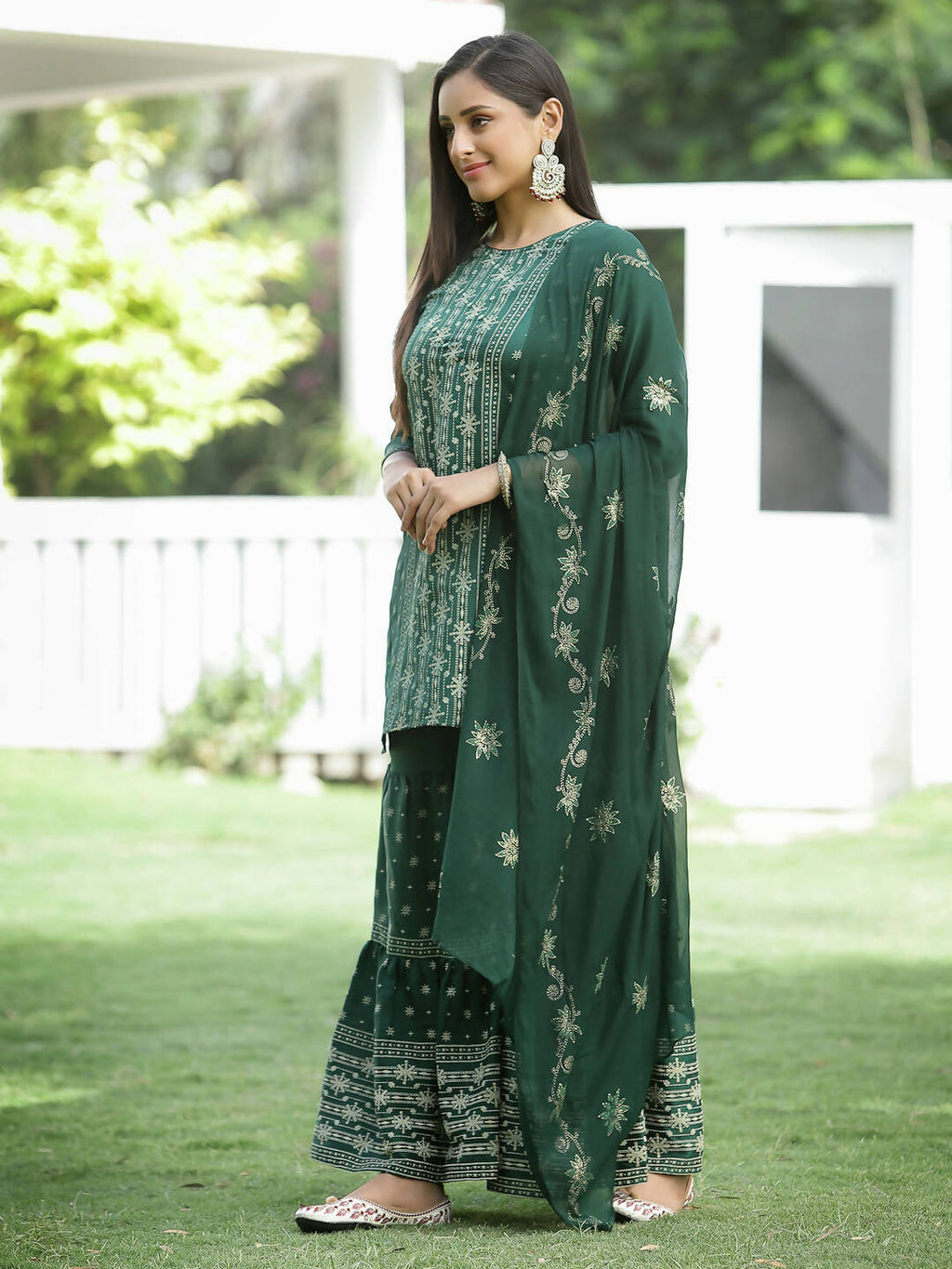 Juniper Green Mono Viscose Festive Wear Printed Straight Kurta Sharara Dupatta Set | Grocsy