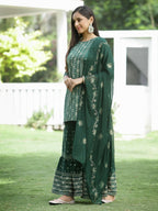 Juniper Green Mono Viscose Festive Wear Printed Straight Kurta Sharara Dupatta Set | Grocsy