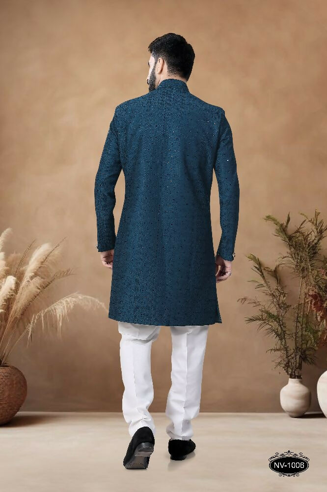 Joban Fashion Men's Blue Straight Silk Heavy Thread & Sequence Embroidery All Over Indo-Western Kurta Set | Grocsy