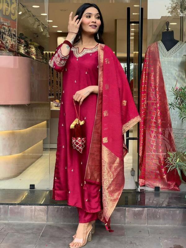 The52 Maroon Beautiful Embroidered Viscose Chanderi Fabric Straight Kurta Pant with Dupatta Set | Grocsy
