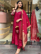 The52 Maroon Beautiful Embroidered Viscose Chanderi Fabric Straight Kurta Pant with Dupatta Set | Grocsy