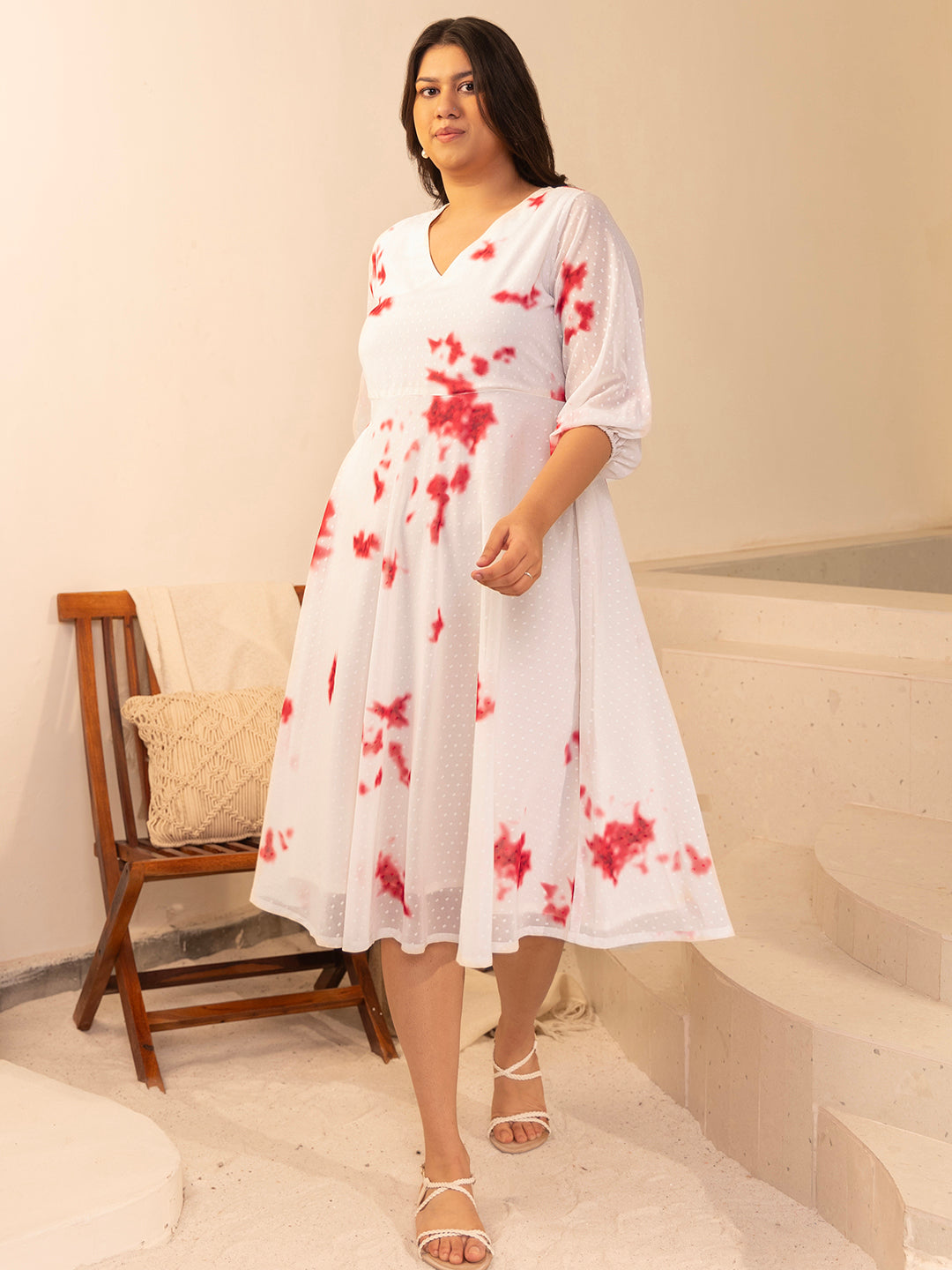 Janasya Off White Dobby Georgette Tie & Dye Fit & Flare Dress | Grocsy