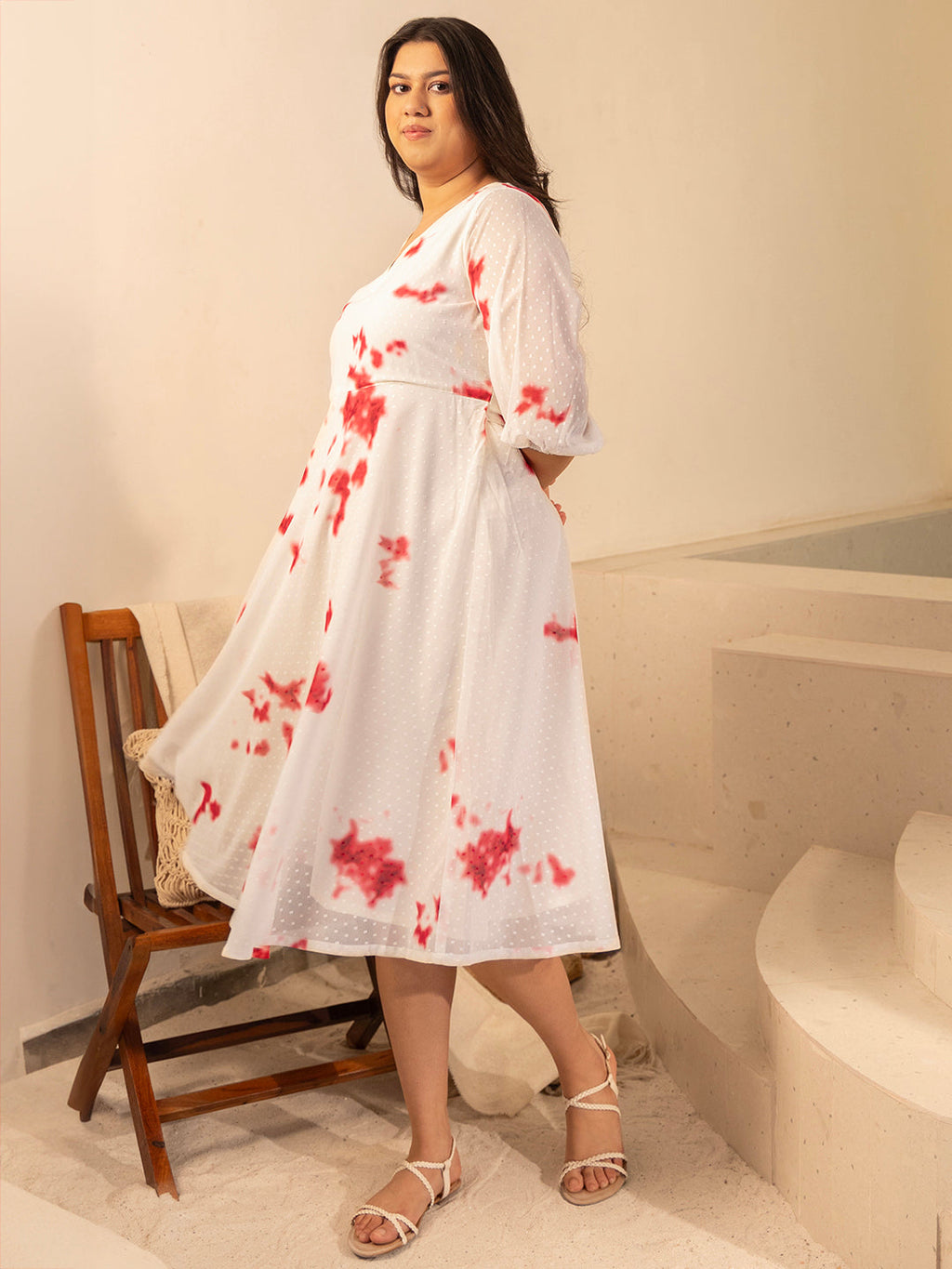 Janasya Off White Dobby Georgette Tie & Dye Fit & Flare Dress | Grocsy