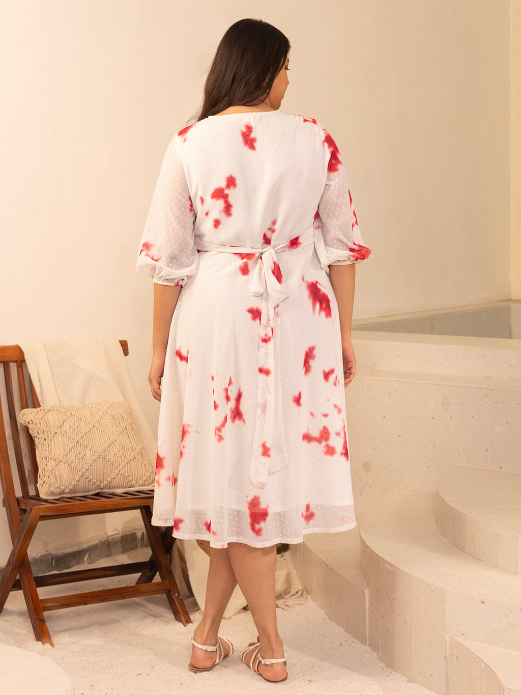 Janasya Off White Dobby Georgette Tie & Dye Fit & Flare Dress | Grocsy