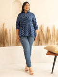 Janasya Dark Blue Cotton Ethnic Motifs A-Line Top | Grocsy