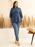 Janasya Dark Blue Cotton Ethnic Motifs A-Line Top | Grocsy