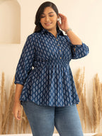 Janasya Dark Blue Cotton Ethnic Motifs A-Line Top | Grocsy