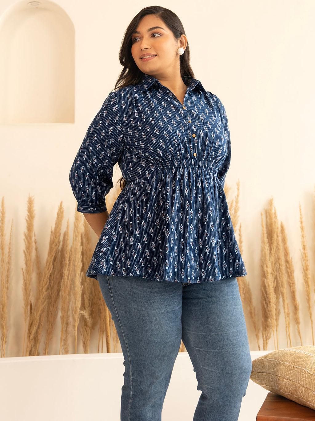 Janasya Dark Blue Cotton Ethnic Motifs A-Line Top | Grocsy
