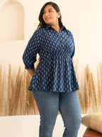 Janasya Dark Blue Cotton Ethnic Motifs A-Line Top | Grocsy
