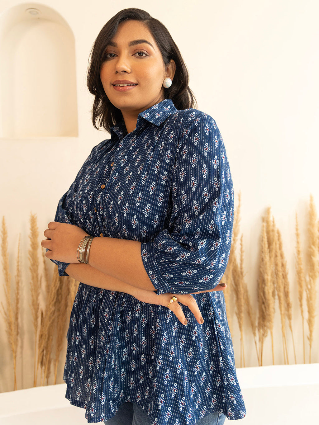 Janasya Dark Blue Cotton Ethnic Motifs A-Line Top | Grocsy