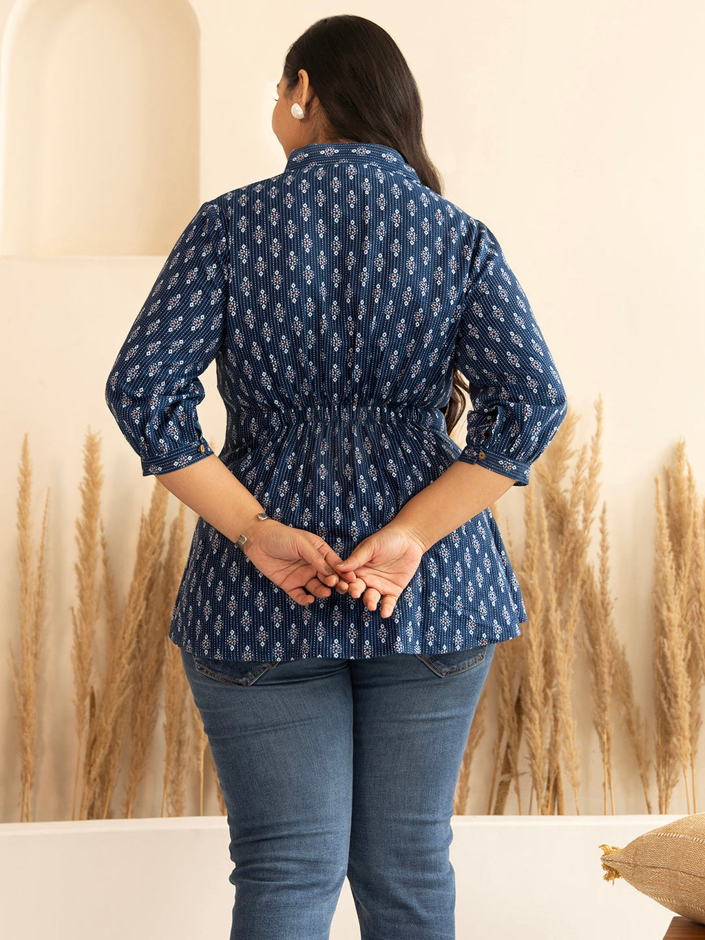Janasya Dark Blue Cotton Ethnic Motifs A-Line Top | Grocsy
