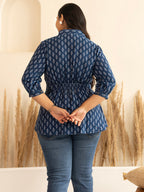 Janasya Dark Blue Cotton Ethnic Motifs A-Line Top | Grocsy