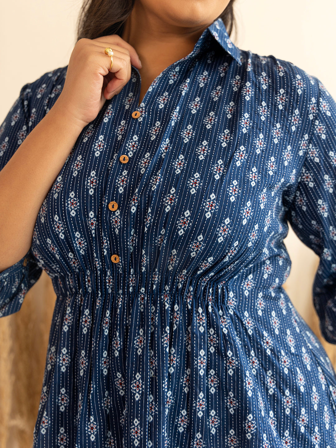Janasya Dark Blue Cotton Ethnic Motifs A-Line Top | Grocsy
